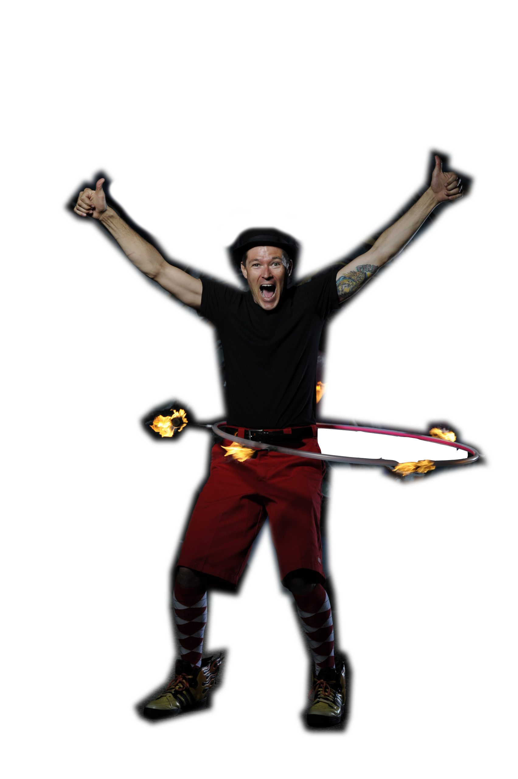 FireGuy using a fiery hoola hoop with background removed.
