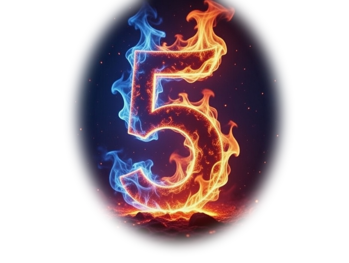Number 5 set on fire with red and blue flames on a clear background.